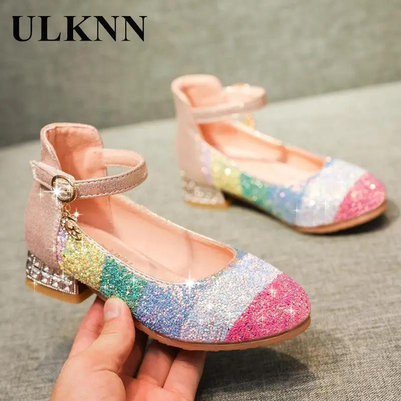 Kids Leather Shoes Children's Bow Square Heel 2023 New Round Crystal Big Virgin Princess Soft Bottom Dance Shoes For Girls