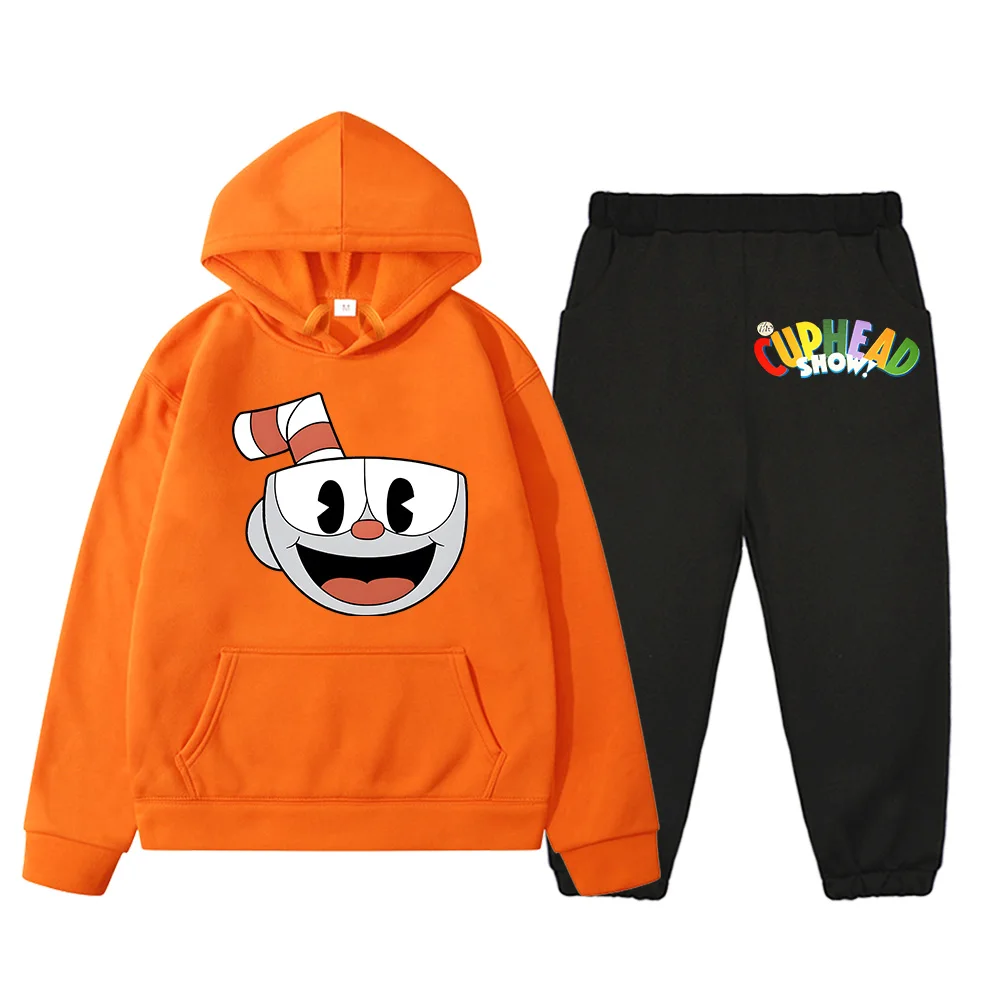 

Cuphead Cartoon Hoodies Sets Kawaii Casual Boys and Girls Sweatshirts Comfortable Fleece Hooded Pullovers Long Sleeve Children