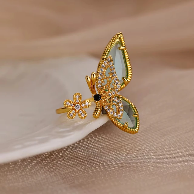 Bagues de luxe en Zircon coloré bleu pour femmes, en acier inoxydable plaqué or, fleur papillon, bijoux brillants de fête exquis, 2025