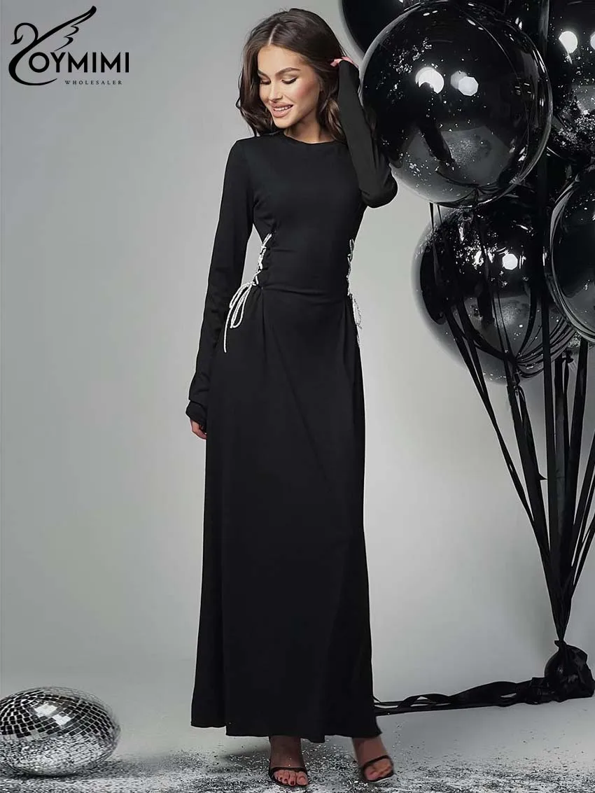 

Oymimi Fashion Black Slim Women's Dress Elegant O-Neck Long Sleeve Bandage Dresses Casual Straight Ankle-Length Dresses Female