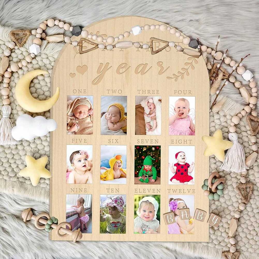 Baby's Photo Display Wood Board Photo Frame Milestone Board 12 Months Baby Picture Frame Memory Card Birthday Home Decorations