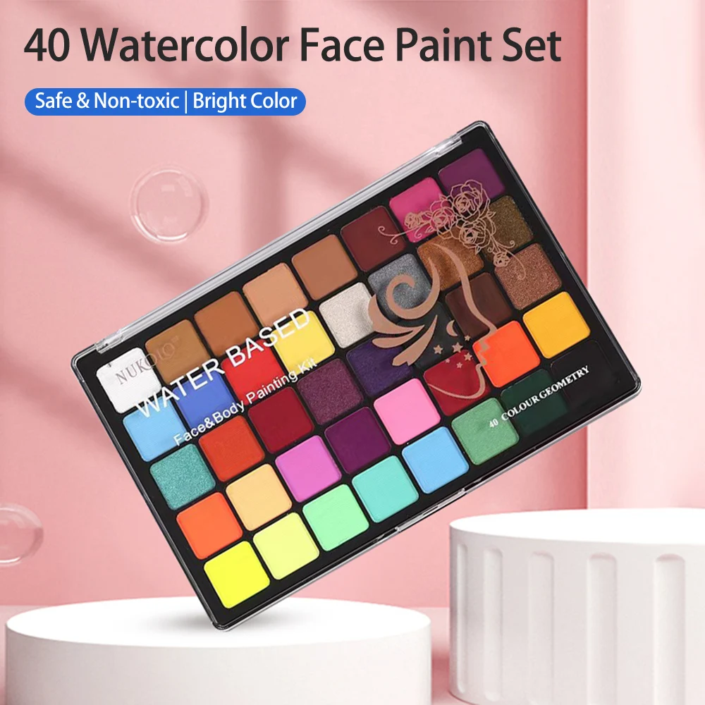 Paint Palette Set Professional Multiple Body Painting Colors Set with 10 Brush & 4 Stencil Stickers & 2 Gem Stickers Safe Non