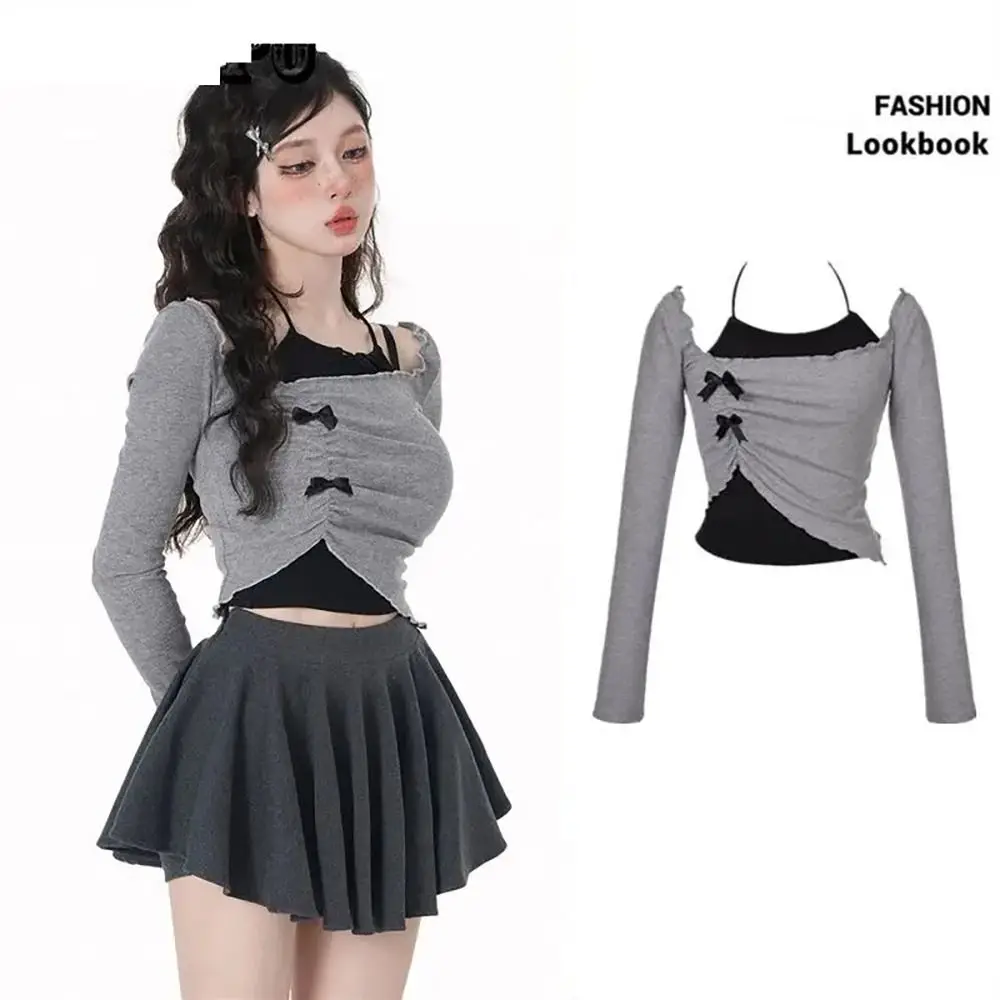 Gray Polyester Long Sleeve Slim Fit Crop Top for Women