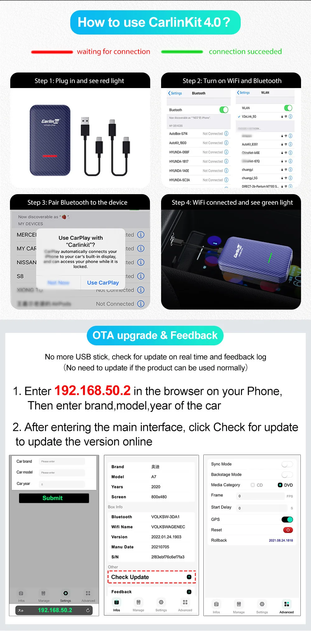 Car Ring Kit 4.0 Apple CarPlay Wireless Dongle Activator For Audi