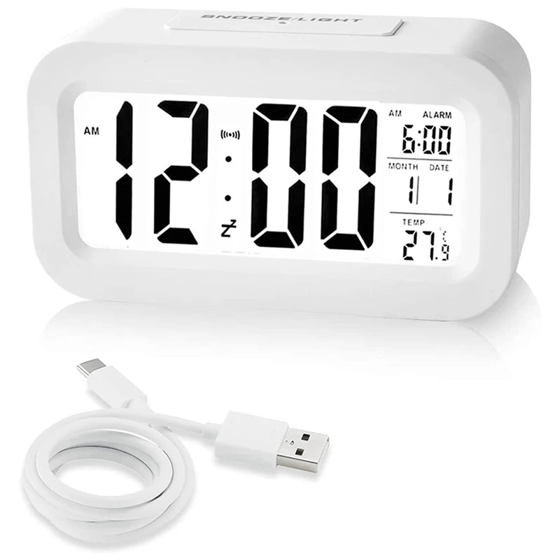 

BEAU-Rechargeable Alarm Clocks, Digital Alarm Clocks Bedside Mains Powered With Smart Light Sensor, 12/24Hours Date