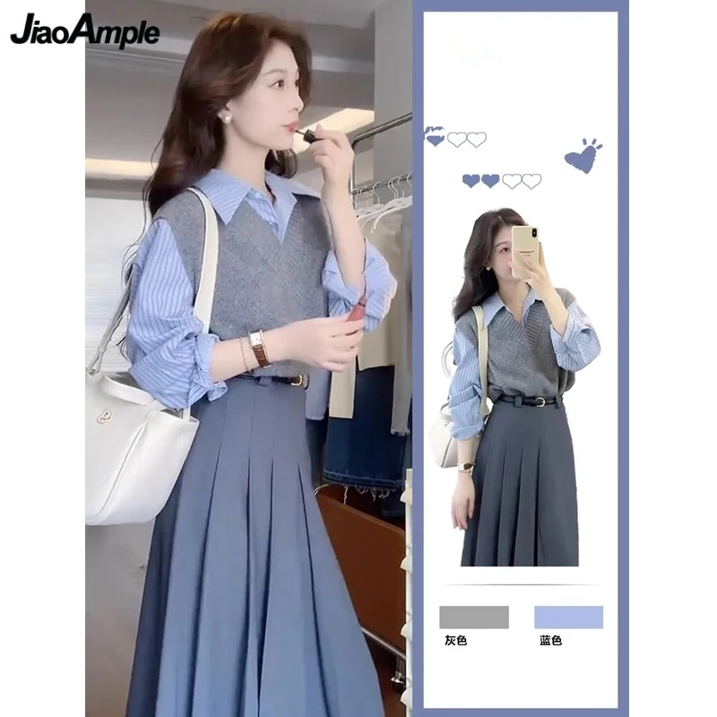 Women Spring Autumn Stripe Shirts Sweater Vest Skirts 1 or 3 Piece Set Lady Graceful Blouse Knit Tops Pleated Skirt Outfits 2023