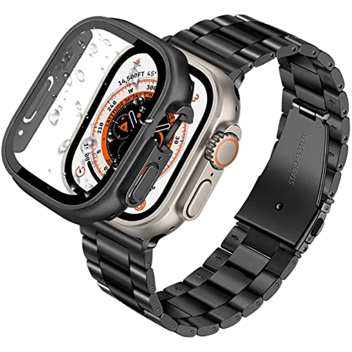 3 Beads Classic Solid Metal Stainless Steel Strap Band for Apple Watch Ultra 49mm Series 8 7 6 5 & Hard PC Glass Cover Protector