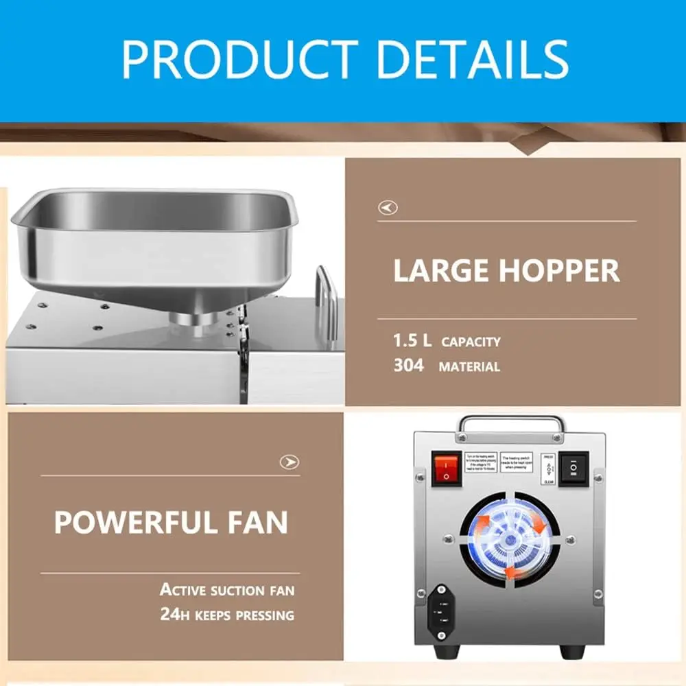 Oil Press Machine 1500W 110V Electric Automatic Peanut Nut Seed Oil Extractor Stainless Steel Oil Presser Expeller 3