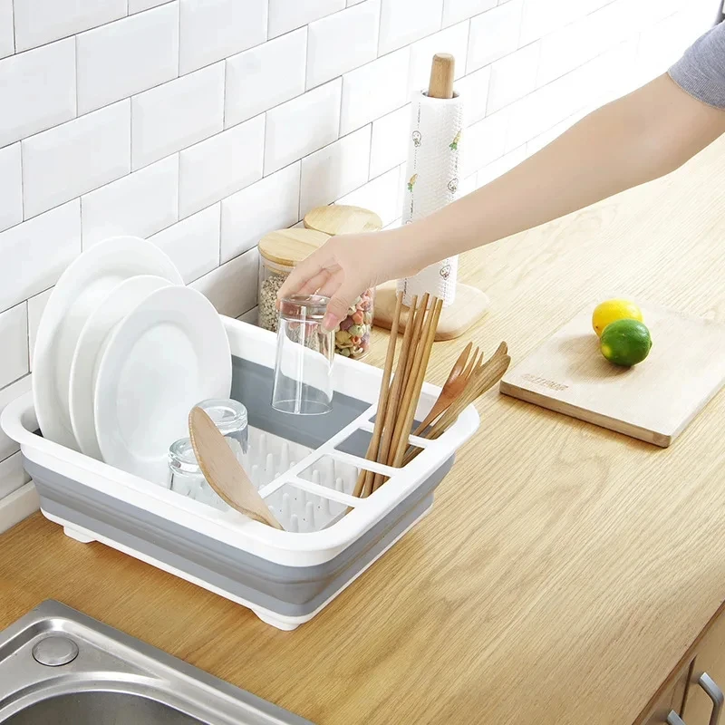 New Kitchen Foldable Dish Rack Storage Water Leakage Tableware Bowl Dinnerware Drain Bowl Tray Home Drying Rack Washable Plastic 4