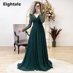 Eightale New Evening Dresses V-Neck Chiffon Long Sleeves Emerald Green Prom Gown for Wedding Party Chiffon Vestido De Festa
