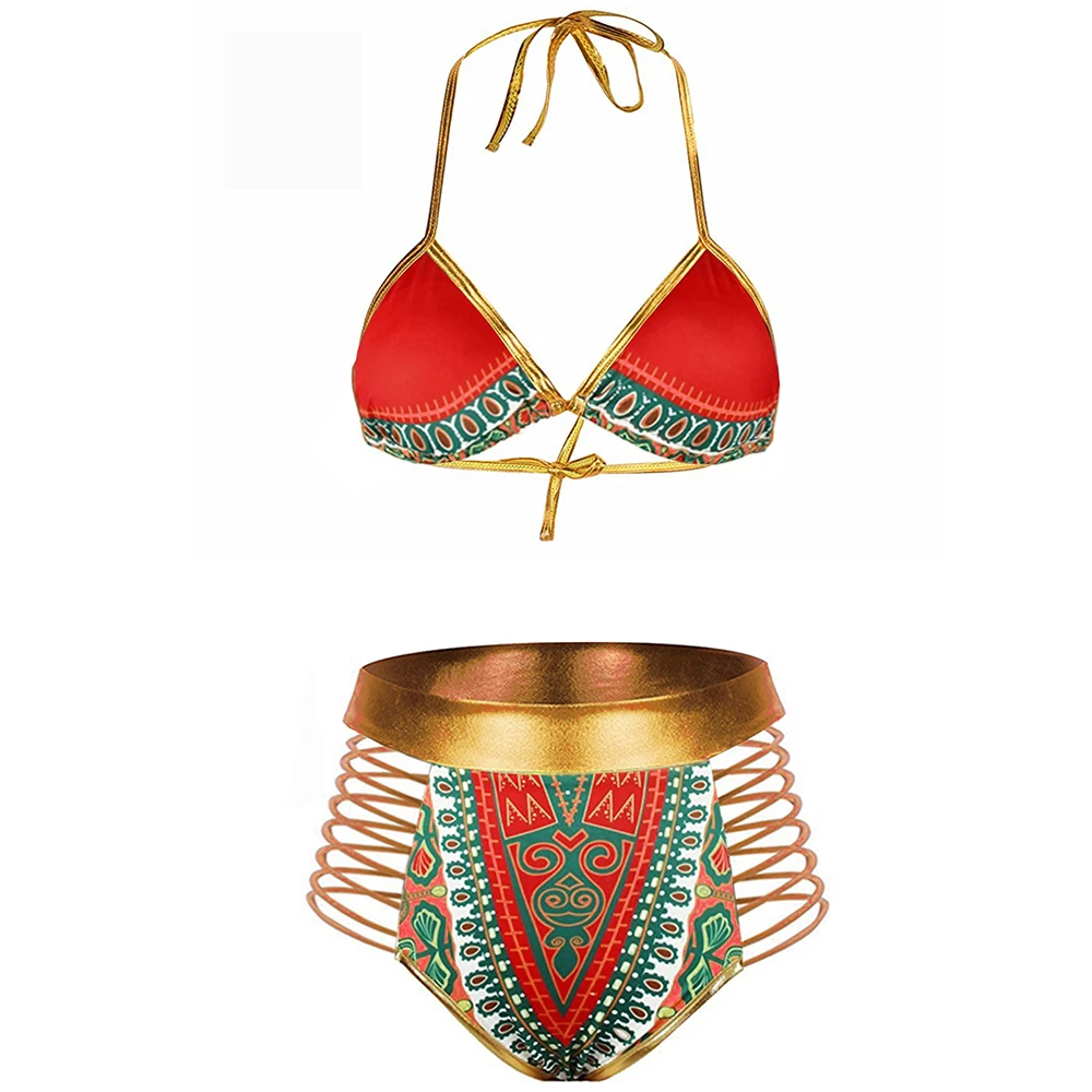 2021 New African Print Women Two-Pieces Bath Suits Bikini Set Sexy Geometric Swimwear Gold High Waist Swimming Suit