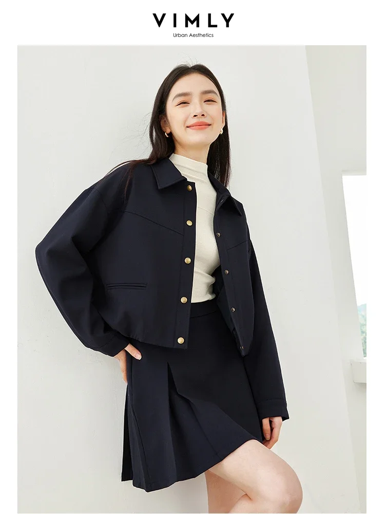 

Vimly Autumn Women's Skirt Set 2 Pieces Lapel Long Sleeve Jacket Elastic Waist A-line Mini Skirt 2023 Casual Matching Sets M5011