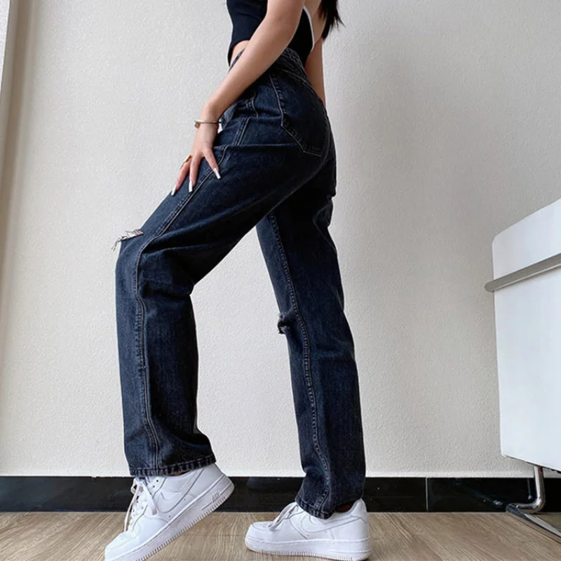 2023 New Fashion Casual Women's Jeans Casual Wide Leg Wash Water Hole Middle Waist Commuter Jeans Women Baggy Jeans Women