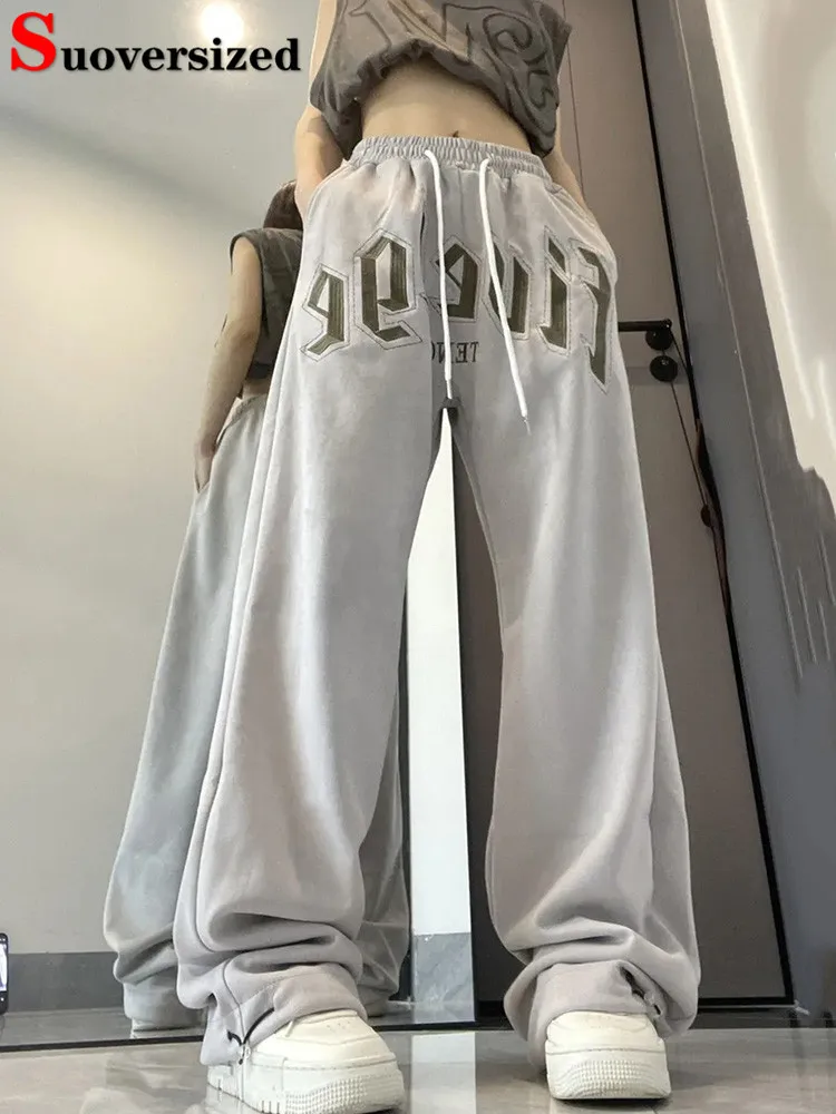 Streetwear Lace Up Hip Pop Straight Pants Spring Fall New Elastic High Waist Women Pantalones Baggy Vintage Sweatpants Trousers