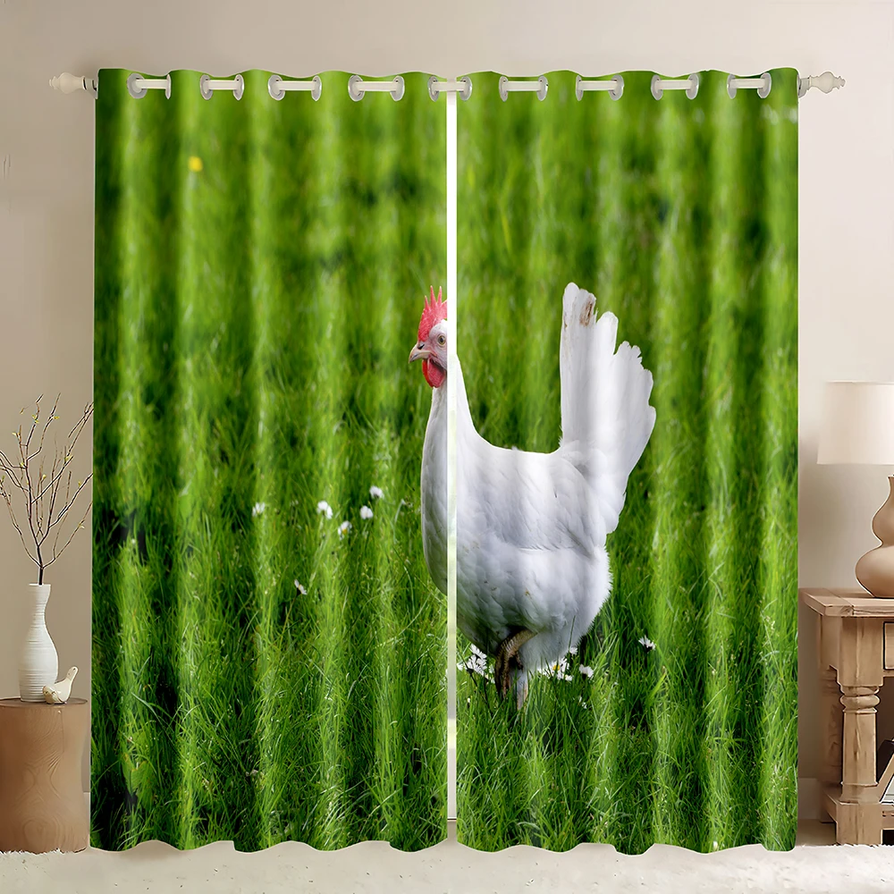 

White Hen Window Blackout Curtain,Chicken Rooster Print Thermal Insulated Drape Darkening Window Curtain for Bedroom Living Room