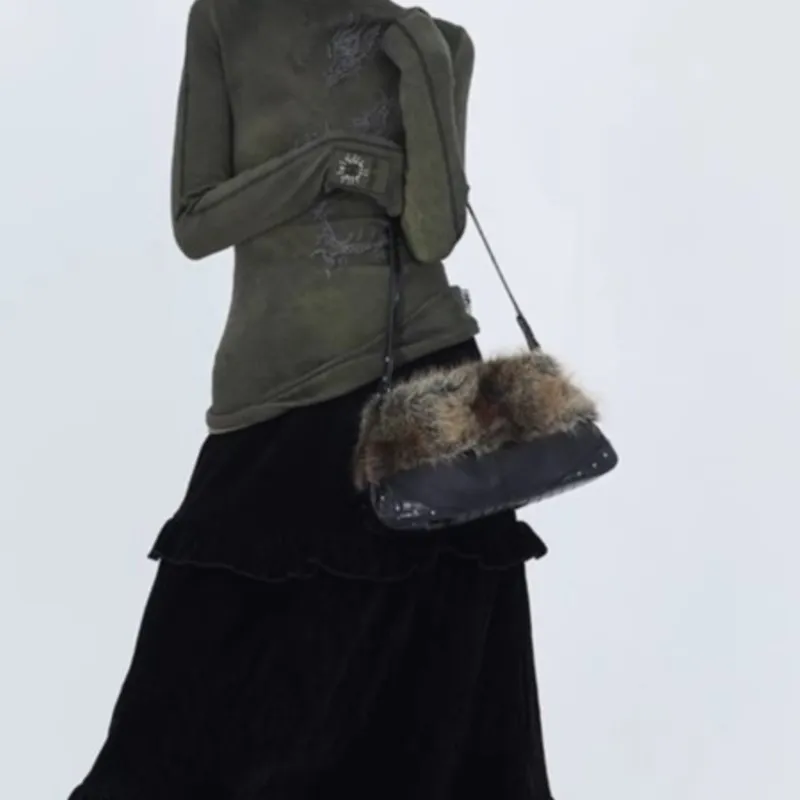 JIAERDI Vintage Black Plush Shoulder Bags Women Hot Girl Sweet Cool Studded Star Embroidery Handbag Ladies Y2k Punk Underarm Bag