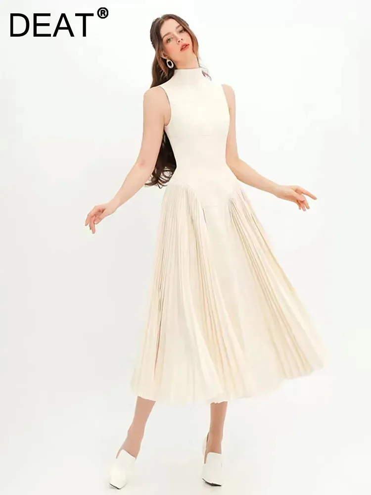 

DEAT Women's Fashion Knitted Dress Pleated Stand Collar Sleeveless Waist Solid Color Elegant Dresses Spring 2024 New 13DB4884