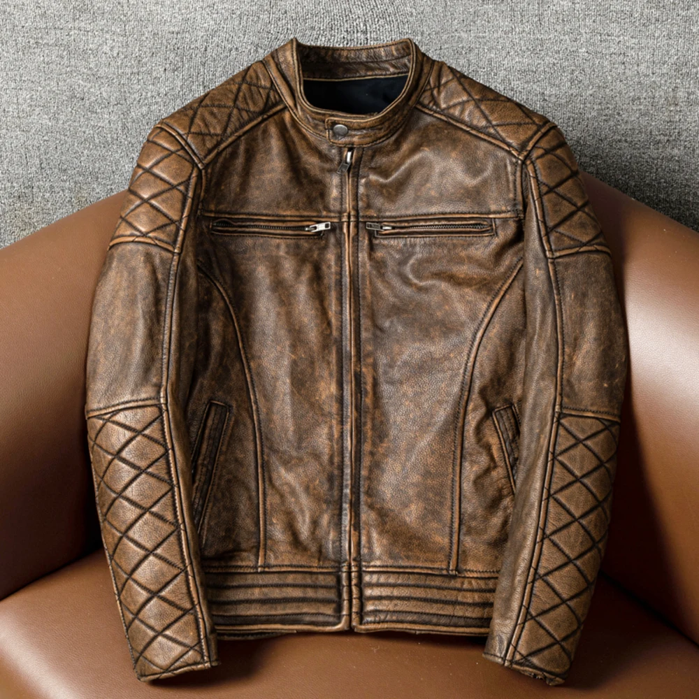 

shipping.2024 Free Brand vintage brown cow jacket.Moto Rider quality real coat,Sales Men leather cloth