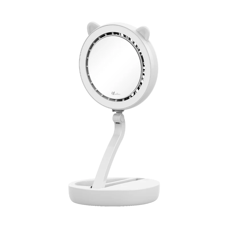 Foldable LED Desktop Makeup Mirror With Fan, Rechargeable Mini Cosmetic Mirror withe Light, for Home, Office, Gifts, Travel