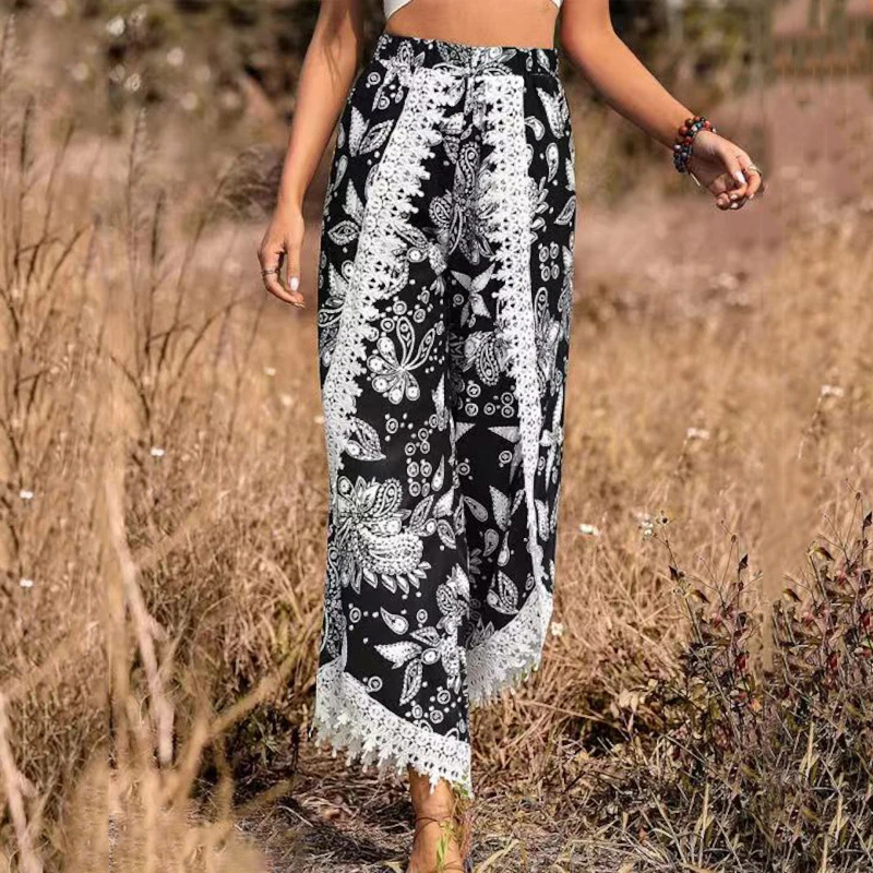 

Women Floral Print Wide Leg Pants Spring Autumn Fashion Drawstring Bohemia Trousers Ladies Casual Loose Elastic Waist Pantalon