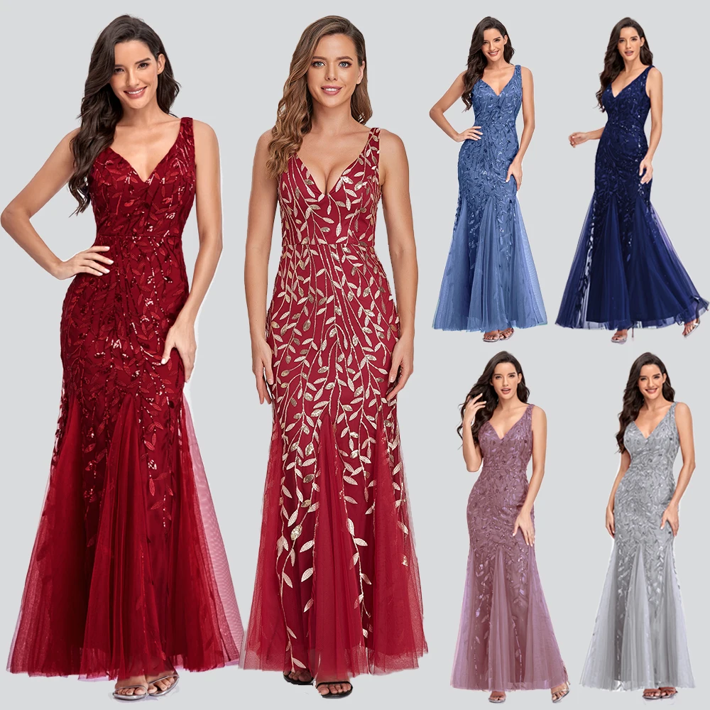Sleeveless V-neck Tulle Sequins Cocktail Dresses V-back Mermaid Party Prom Gowns Women Formal Occasion Embroidered Robe Vestioes