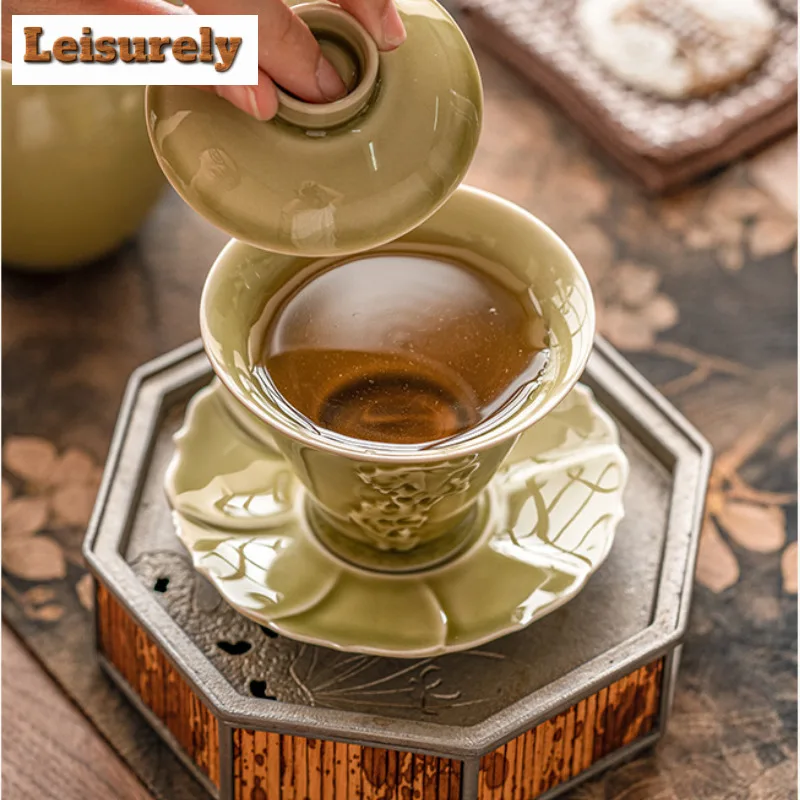 100ml Yaozhou Kiln Celadon Gaiwanretro Tea Dust Green Tea Tureen Household Making Cover Bowl Items Accessories Craft