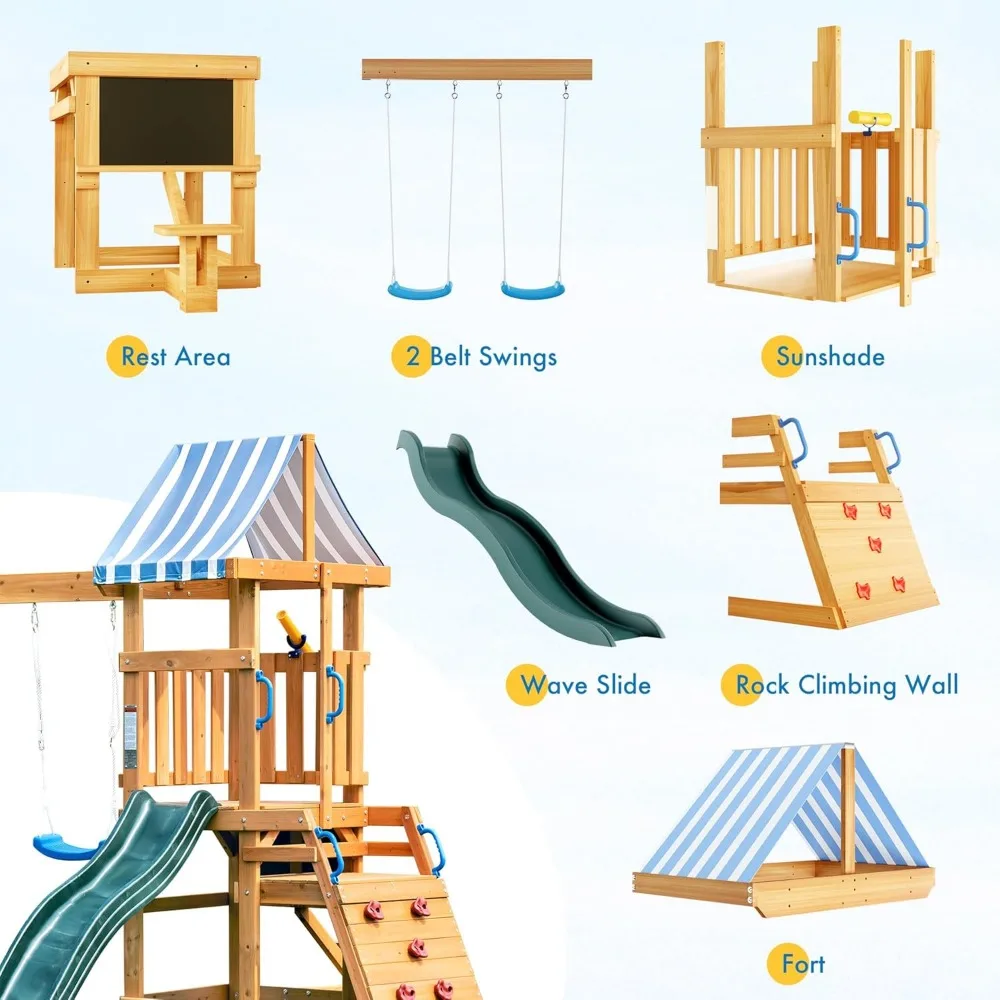 Wooden Swing Set, All-in-One Kids Outdoor Play Equipment with Two Swings, Slide, Blackboard, Telescope, Fort, Outdoor Playset 3