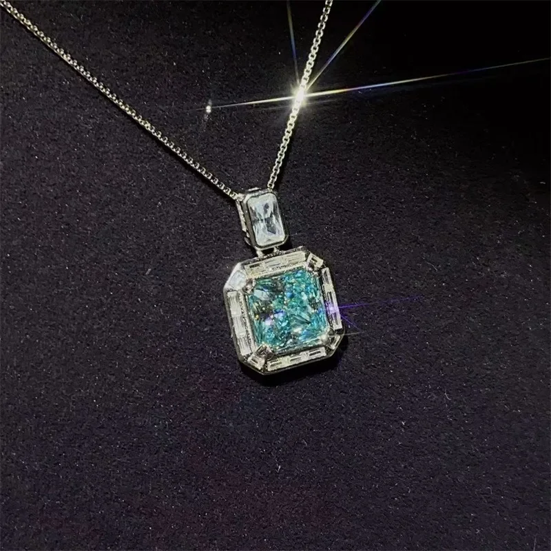 GRA Certified D VVS1 2ct Sea Blue Moissanite Pendant Necklaces for Women Trendy Jewelry 925 Sliver Plated White Gold Necklace images - 6