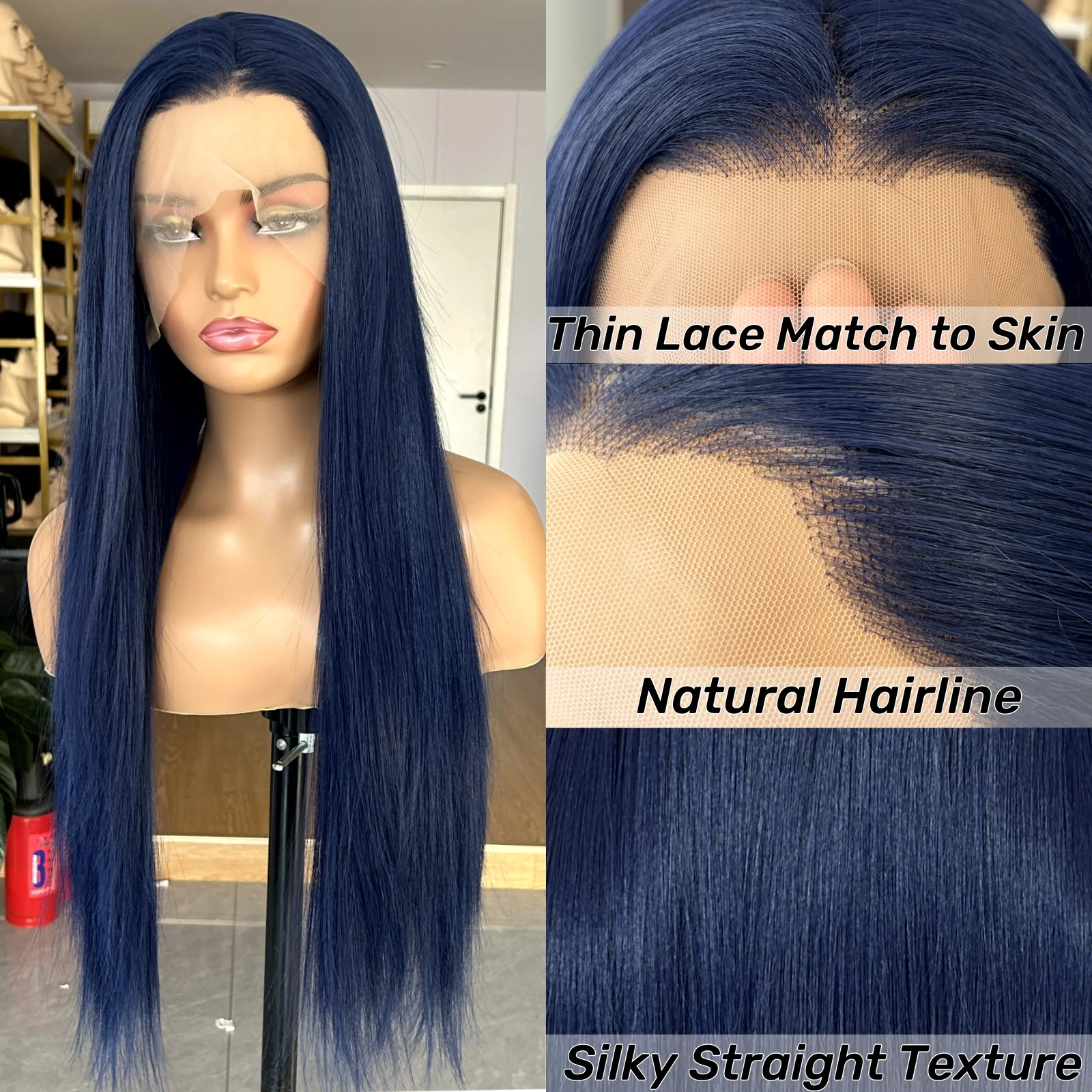 Dark Blue Long Silky Straight Synthetic Lace Front Wig Free Part Natural 13x4 Frontal Colored Wigs for Women Daily Party Cosplay synthetic wig