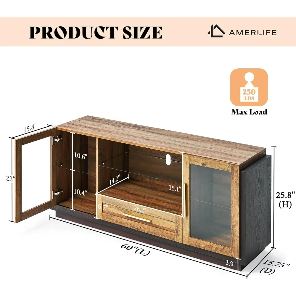 Cabinet with LED Lights, 60" Coffee/Wine Bar Cabinet with Glass Doors & Open Shelves & Drawers, Modern Entryway Console Table