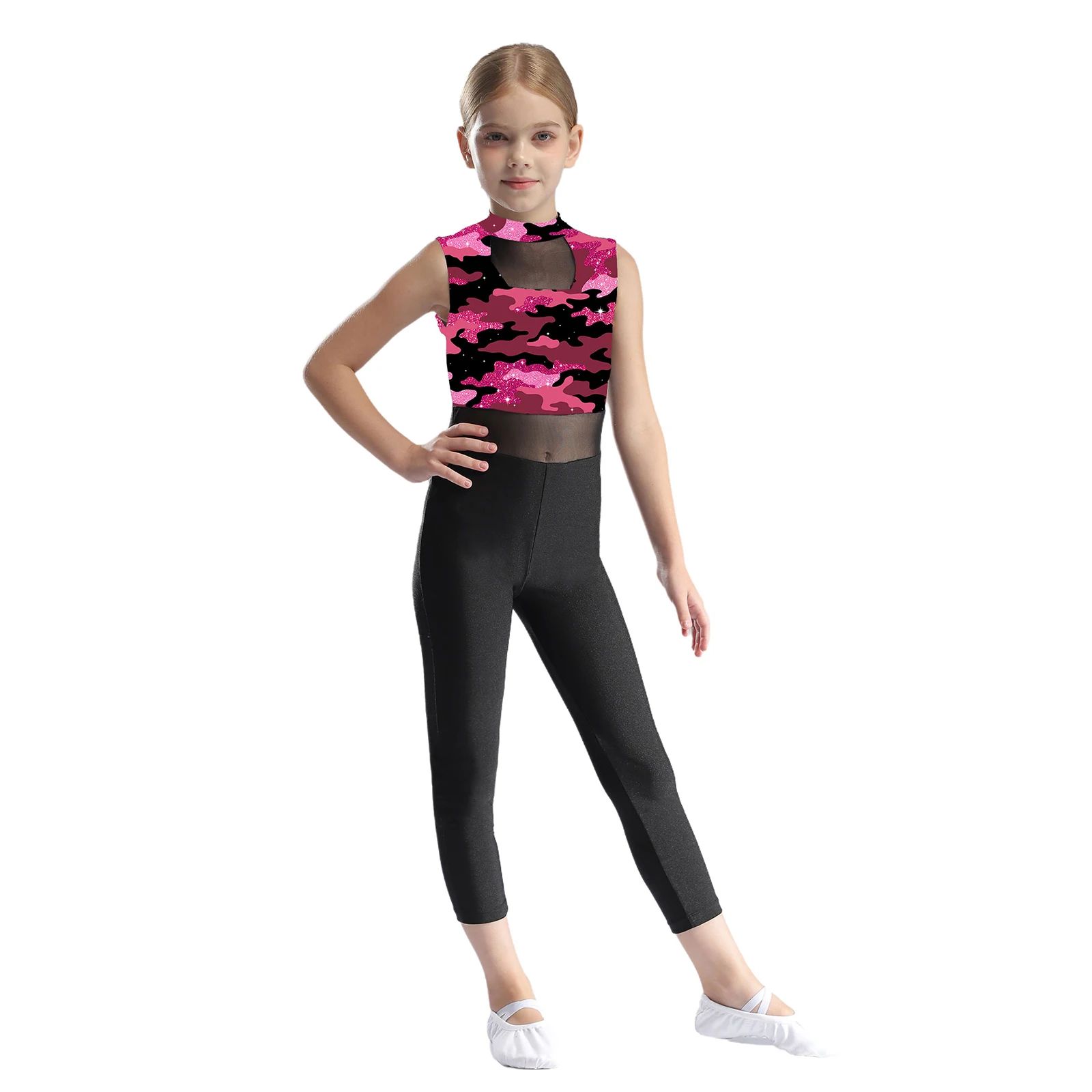 Kids Girls Sleeveless Rhythmic Gymnastics Leotard Athletic Jumpsuit Sheer Patchwork Dancewear Ballet Skating Gymnastic Unitards