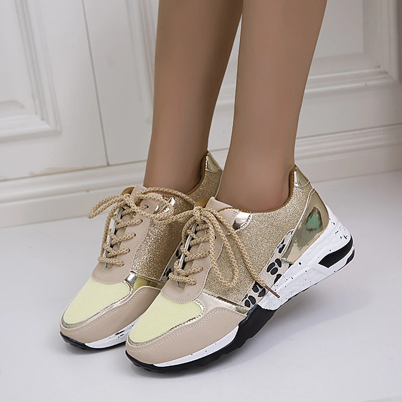 

Women's Sneakers Platform Casual Shoes Women Vulcanize Shoes Leopard Ladies Running Shoes Sport Silver Lace-Up Female Sneakers