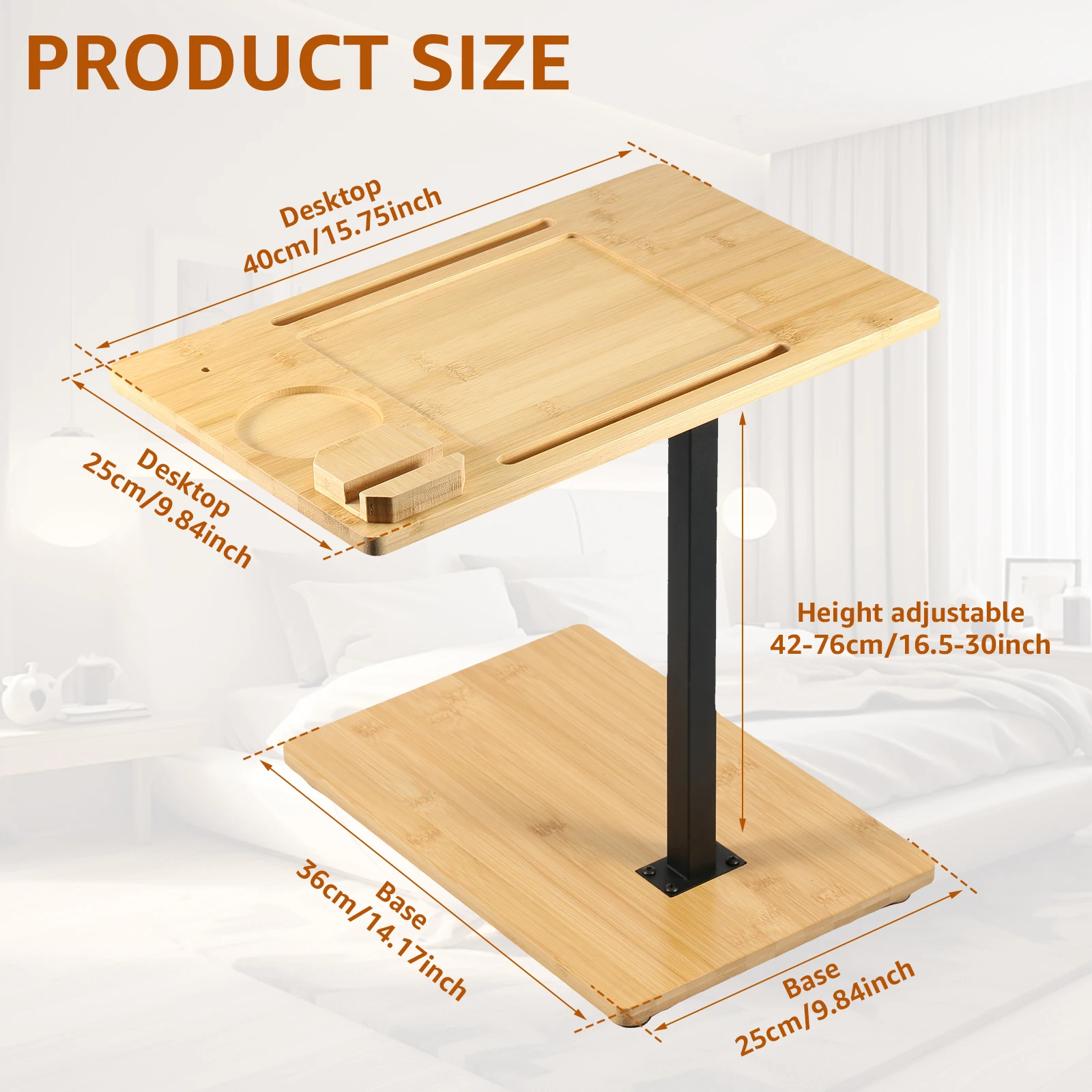Couch Side Table 360&deg; Swivel Sofa Tray Table Height Adjustable End for Bed or Chair with Phone and Tablet Slots Practical