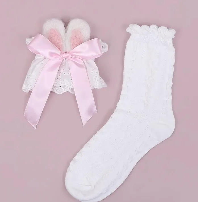 Spring and Autumn New Rabbit Ears Bow Bunching Socks Sweet Cute Girl Pure Color All-Matching Cotton Short Socks Kawaii Socks