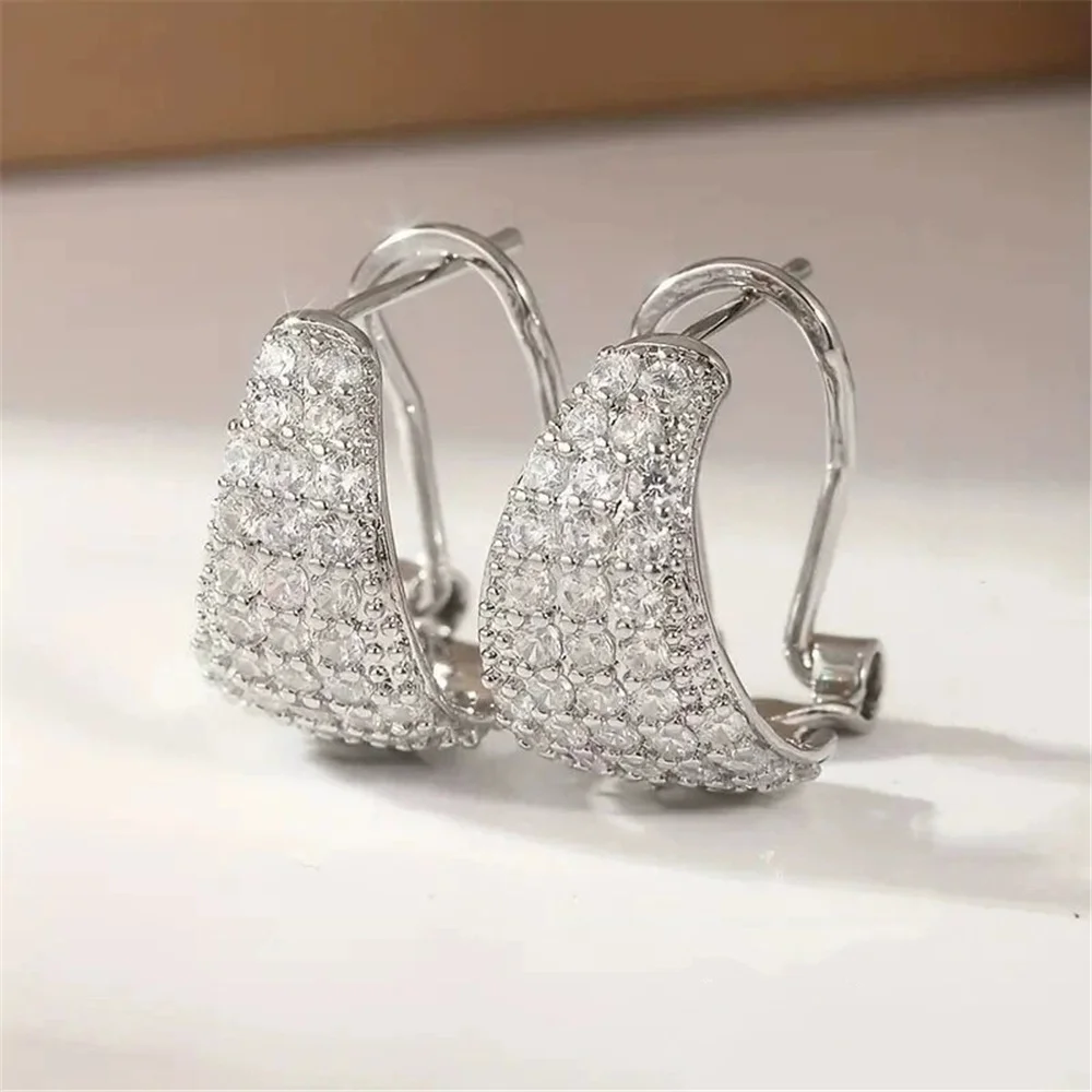 Female Cute White Round Zircon Stone Hoop Earrings Vintage Fashion Silver Color Wedding Jewelry For Women