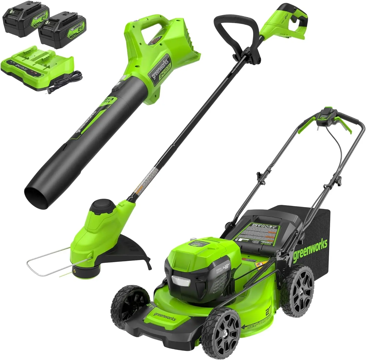 

Газонокосилка Greenworks, беспроводная (самоходная) газонокосилка с воздуходувкой (320 куб. М) и триммером на 12 дюймов, 2x24 В, 21 дюйм