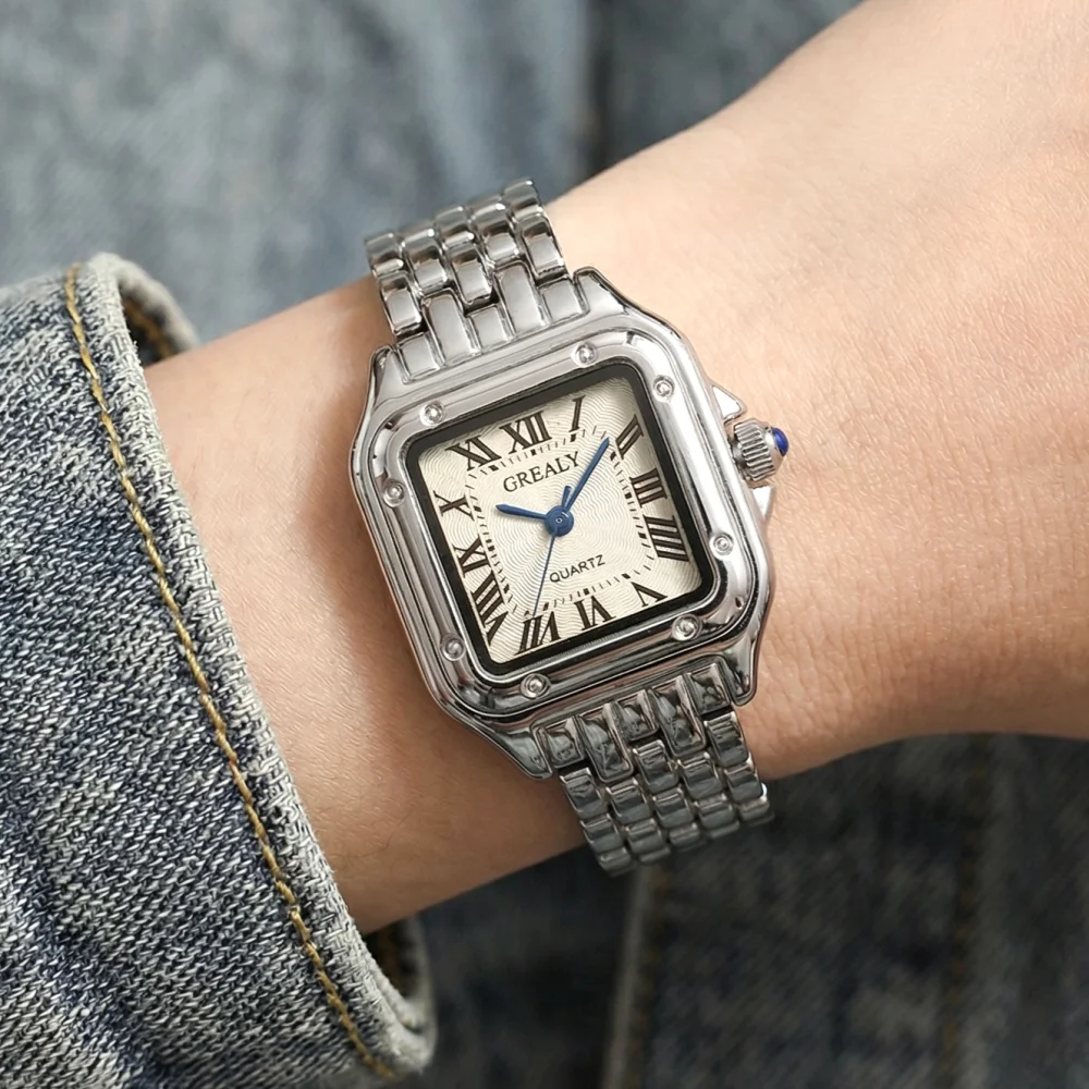 Classic Wrist Watches for Women Two-tone French Elegant Square Quartz Clock Roman Numerals Stainless Steel Ladies Dress Jewelry - 5