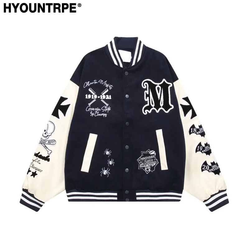 Mens Bomber Baseball Jacket Coats Casual Patchwork Pu Leather Single Buttons Fashion Embroidery Streetwear Hip Hop Loose Jackets