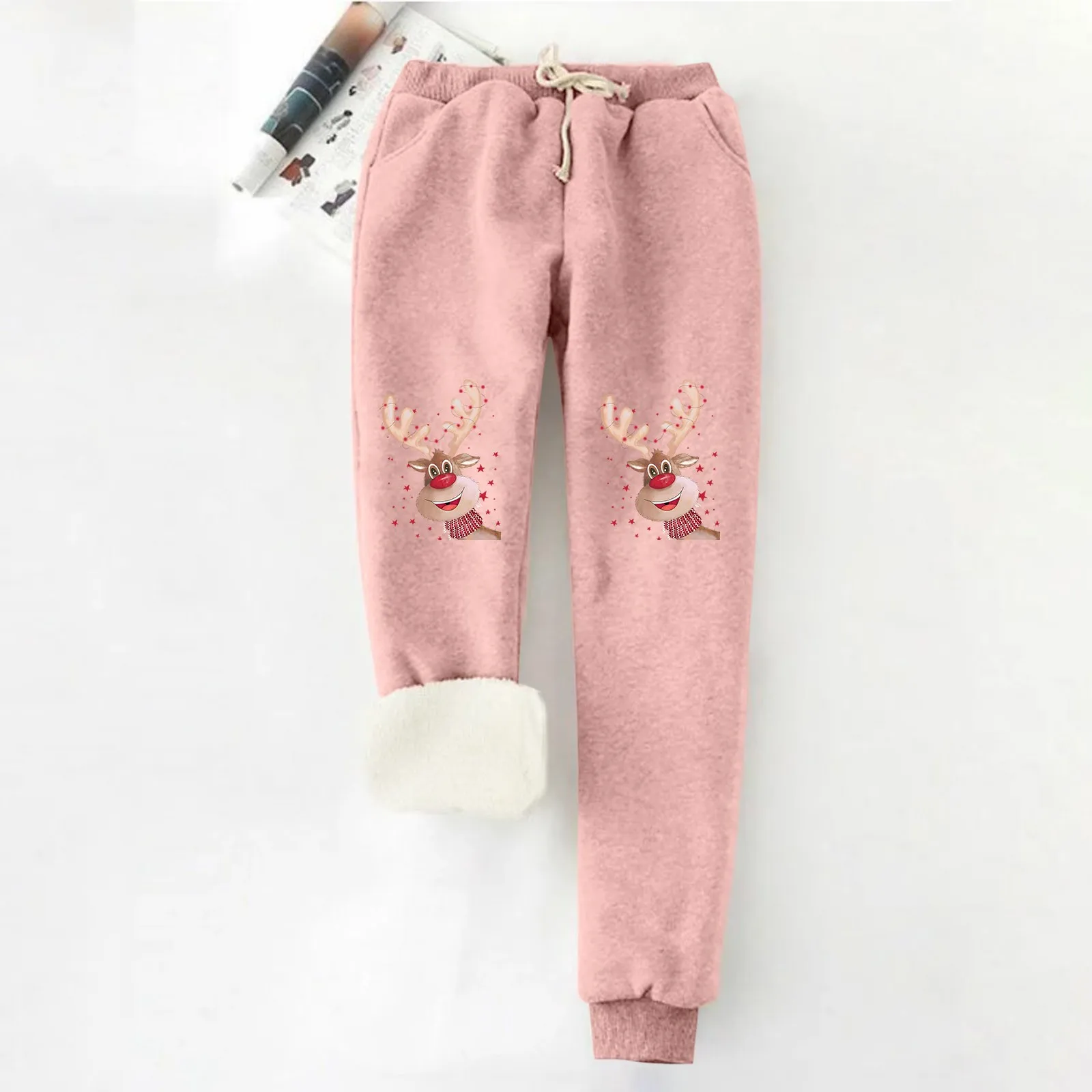 

Women Christmas Print Autumn Winter Velvet Warm Pockets Elastic Waist Tie Leg Sports Casual Stretch Pants for Women Work Casual