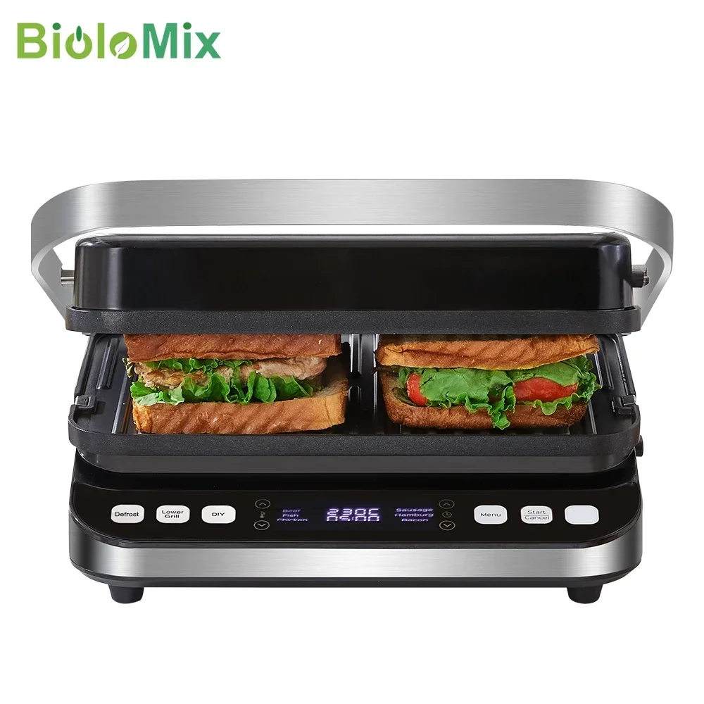 BioloMix 2000W Electric Contact Grill Digital Griddle and Panini Press, Optional Waffle Maker Plates, Opens 180 Degree Barbecue 2