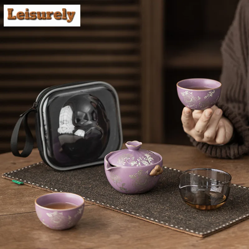 Purple Ru Porcelain Gilded Silver Peony Lotus Travel Tea Set Kit Zen 1 Pot 2 Cups Tea Making Organizer Portable Picnic Handbag