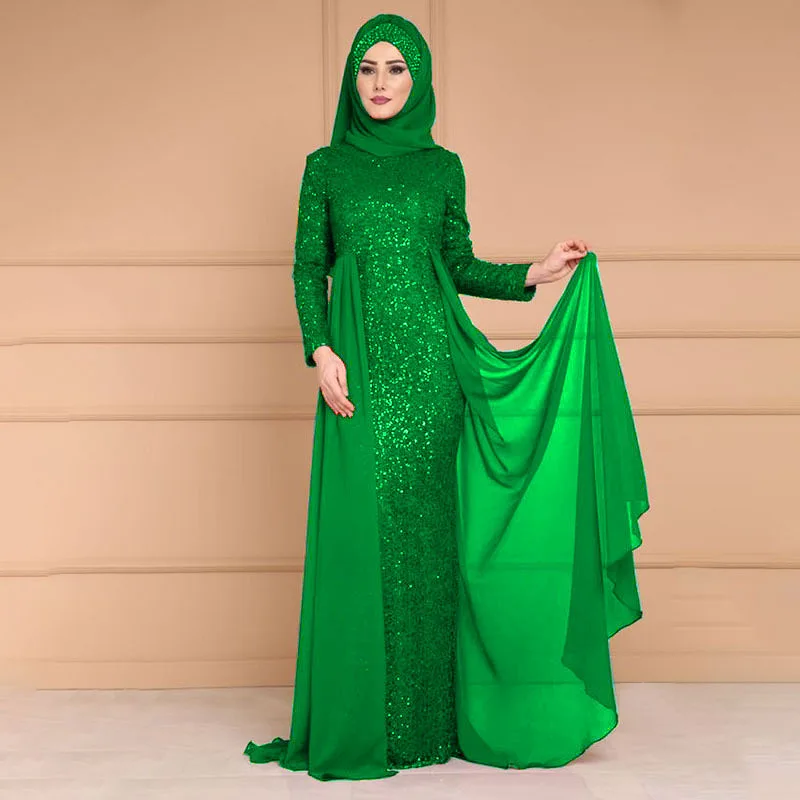 2022 New Sequins Large Size Dress Feminine Temperament Slim Long Sleeve Saudi Arabia Abayas For Women