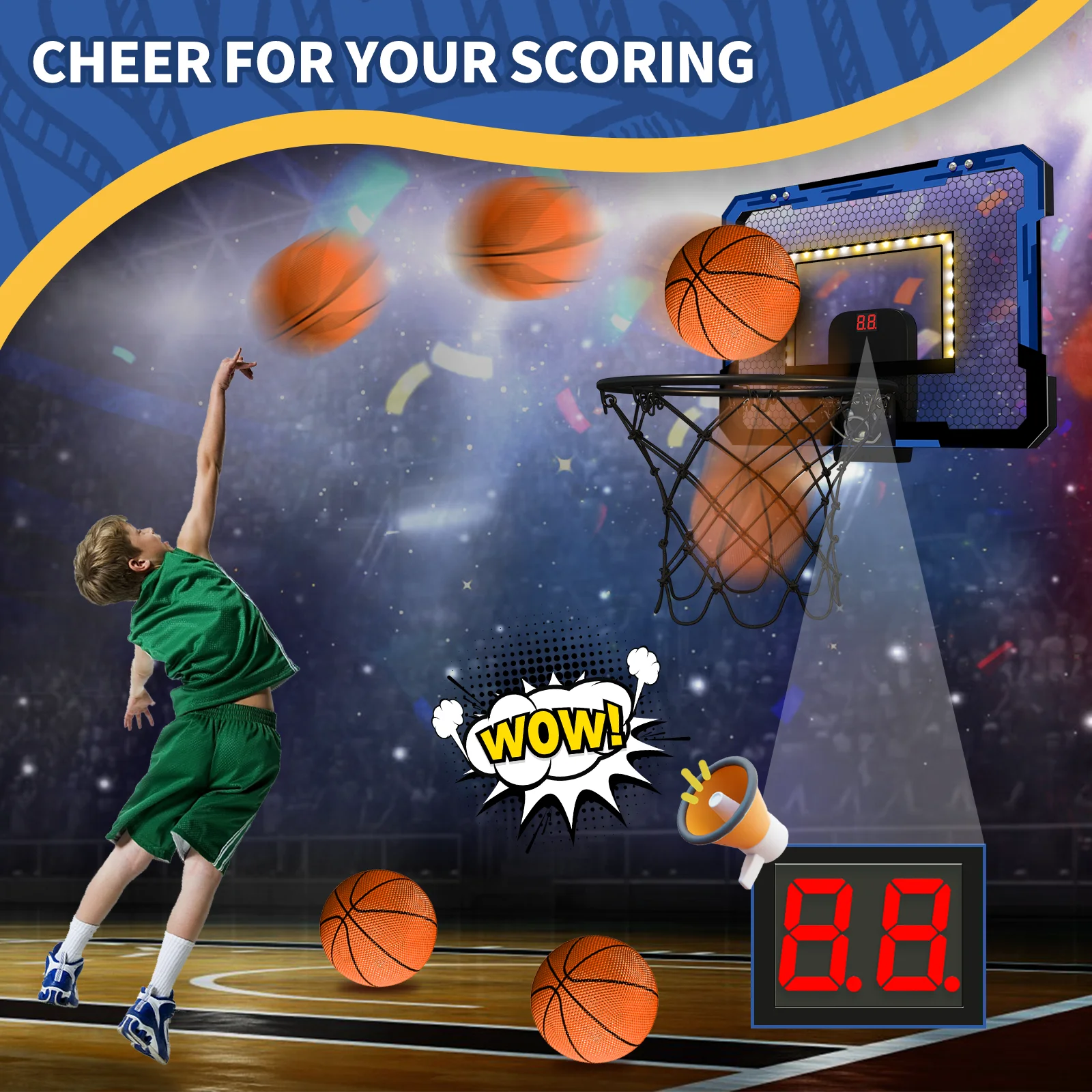 QDRAGON Indoor Basketball Hoop for Kids Door Room Basketball Hoop With LED Lights Basketball Toys for 3 4 5+Year Old Boys Girls 6