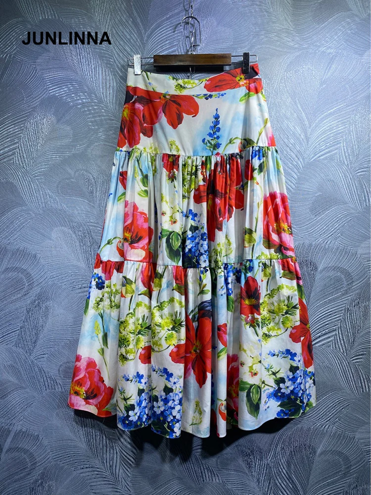 

JUNLINNA 100% Cotton Women Half Dress 2022 Summer New Fashion Flower Printed Skirt Leisure Holiday and Street Wear