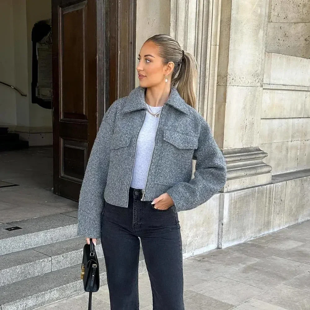 2024 Women's Elegant Solid Coat Zipper Long Sleeve Pocket Bomber Jacket Female Casual Soft Woolen Loose Streetwear Coats 3