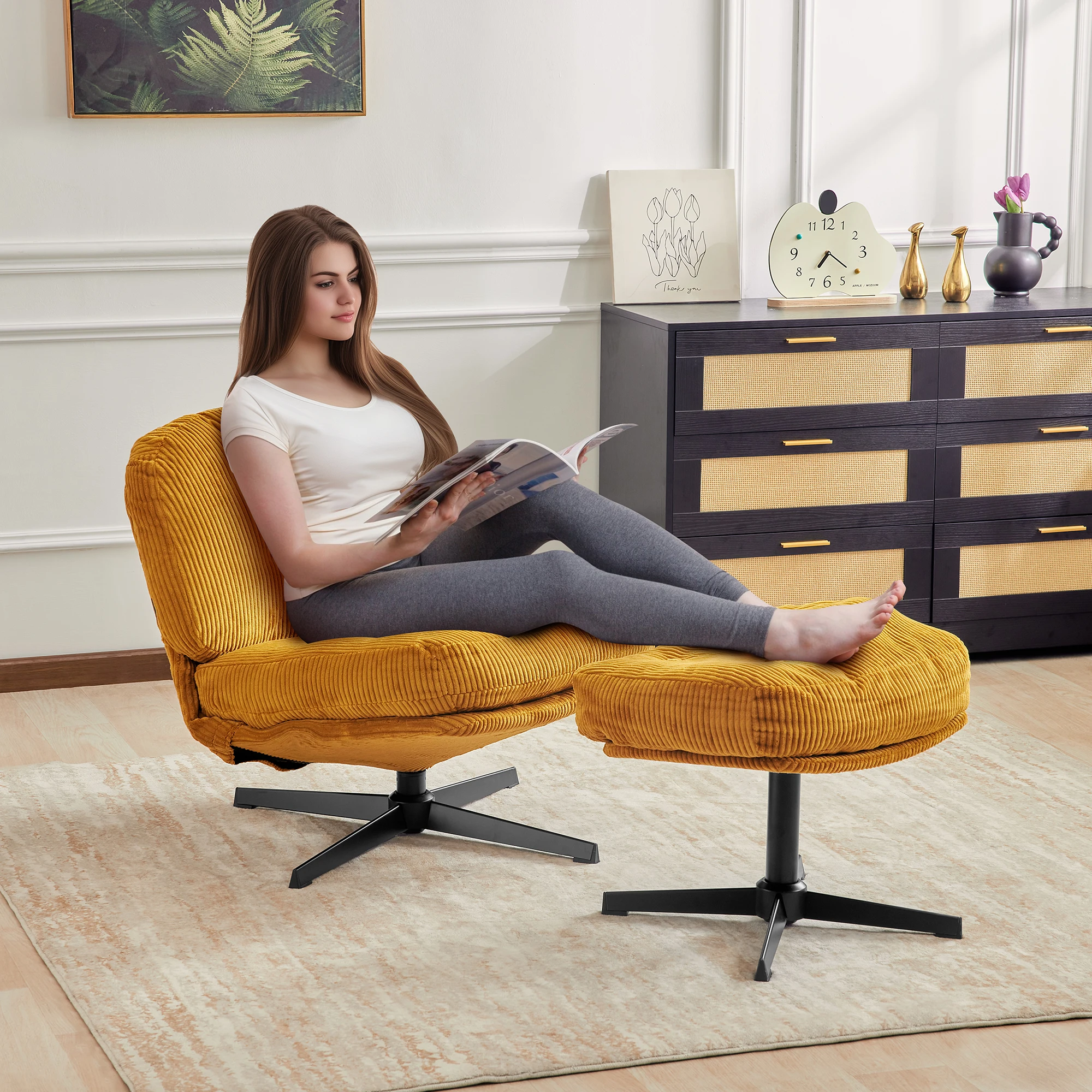 Redlife-Single Sofa with Ottoman, Swivel Chair, Corduroy Accent