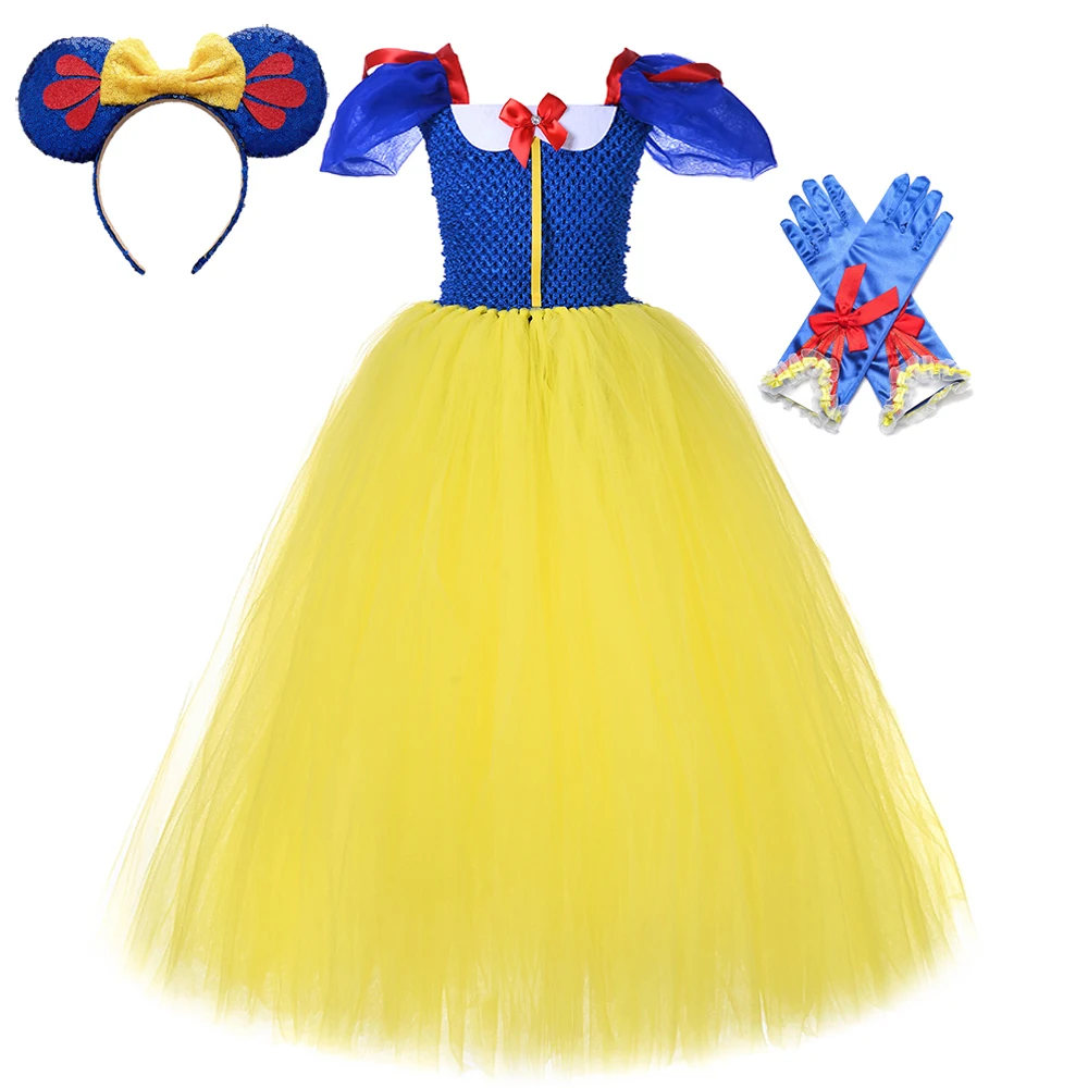 

Snow White Long Tutu Dress for Girls Carnival Halloween Costume for Kids Birthday Party Outfit with Short Sleeve Floor Ball Gown