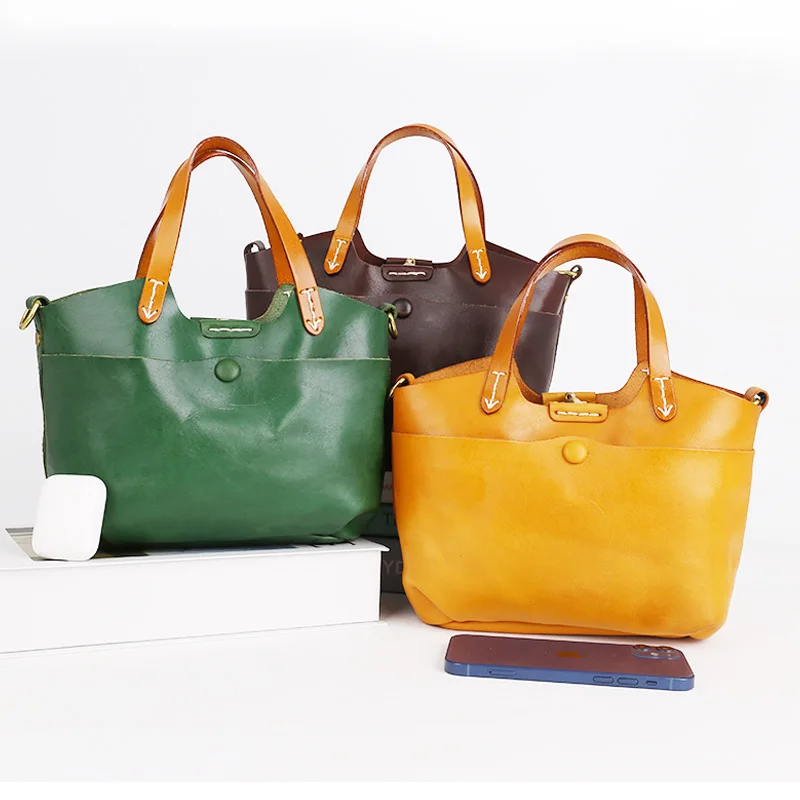 

New Korean retro head layer cowhide fashion stitching shoulder bag leather crossbody bag vegetable tanned leather handbag