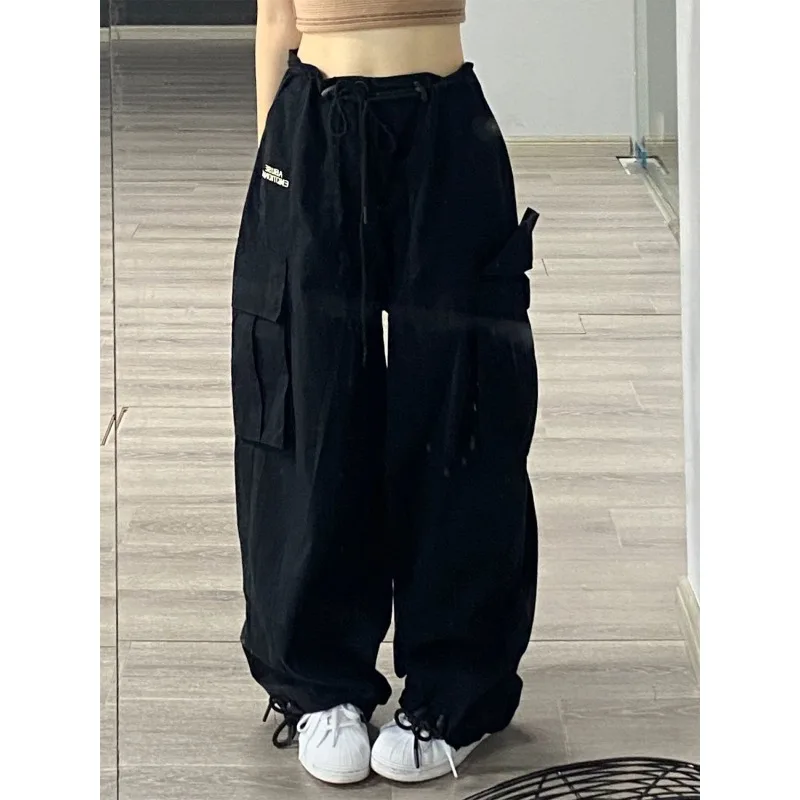 QWEEK Vintage Black Cargo Pants Women Korean Streetwear Oversized Kpop Harajuku Fashion Trousers Baggy Hippie Y2k Aesthetic Kpop qweek techwear gothic detachable cargo pants women harajuku oversize pockets hollow out joggers trousers female hippie punk