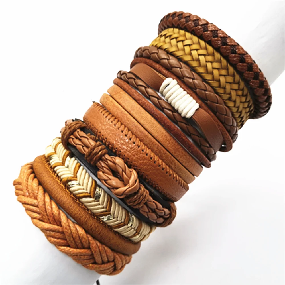 Schwarz Handgemachte 10 Teile/satz Wrap Woven Mode Handgemachte Männer Armbänder Männlichen Frauen Leder Armbänder Männer Armreif Großhandel Schmuck